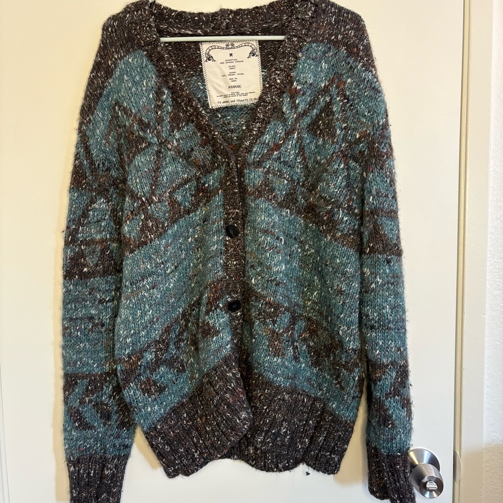 Men's Teal & Brown Wool Blend Cardigan Sweater